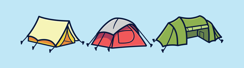 Set of colorful camp tent vectors. Different camping Tents in cartoon illustration style