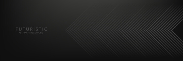 Dark black abstract background with glowing arrow lines technology futuristic concept. Modern shiny black geometric lines design. Horizontal banner template suit for cover, header, poster, banner, web
