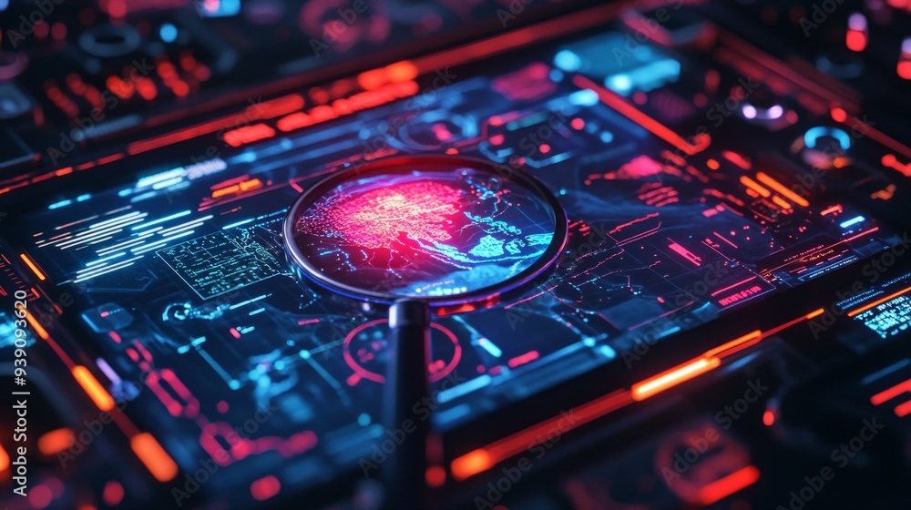 Poster a close-up view of a futuristic interface with glowing elements. a magnifying glass highlights the i