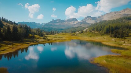 Fototapeta premium Drone shot of a serene mountain lake with a caption overlay. Perfect for outdoor and nature-themed promotions.