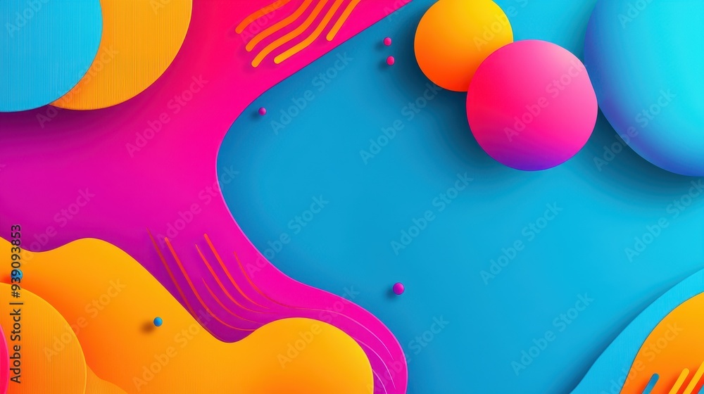 Poster Vibrant abstract background with colorful geometric shapes, gradients, and flowing patterns in blue, orange, pink, and yellow.