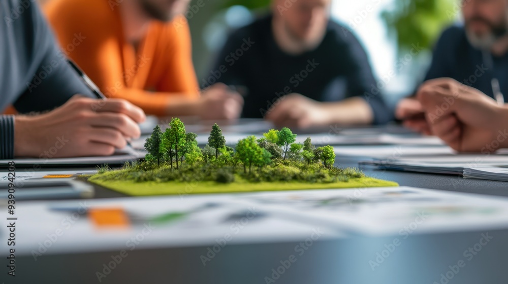 Poster team working on architectural project with miniature landscape model and documents, showcasing creat
