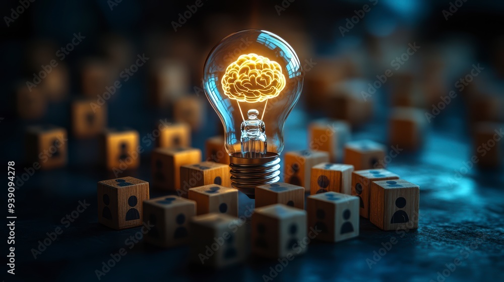 Poster the introduction of ai with the digital brain in a light bulb for ai against a person and innovation