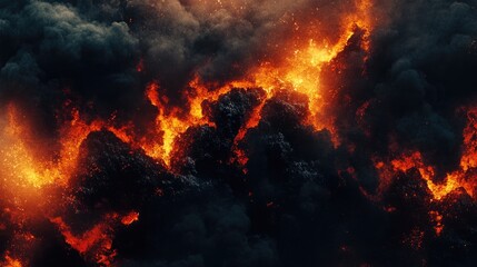 Fototapeta premium Lava explosions and fire with black smoke create a Halloween-themed inferno background, perfect for banners with copy space