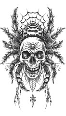 Obraz premium Tribal Skull and Tarantula Tattoo black and white illustration