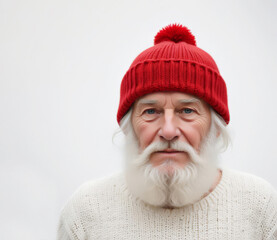 Portrait of an elderly bearded gray-haired man of  70 years old in  red hat on  white background