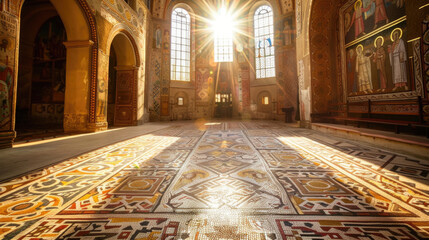Obraz premium Sunlight Streaming Through Stained Glass Windows in Ornate Historic Church Interior with Mosaic Floor