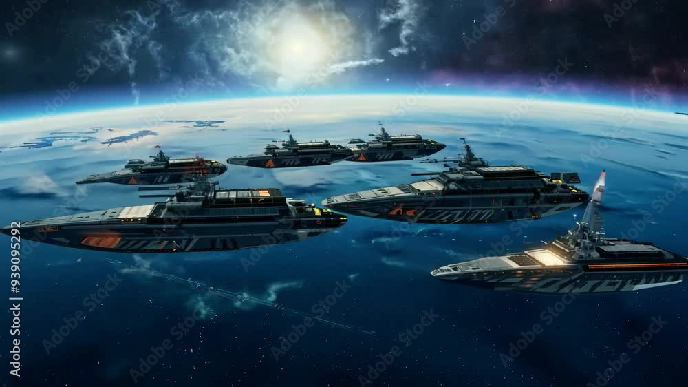 Aufkleber exploring a fleet of advanced spacecraft traveling through space above a distant planet at twilight