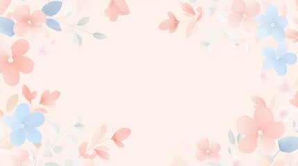 Obraz premium Soft pastel flower background with delicate petals and leaves framing a blank space, perfect for invitations or greeting cards.