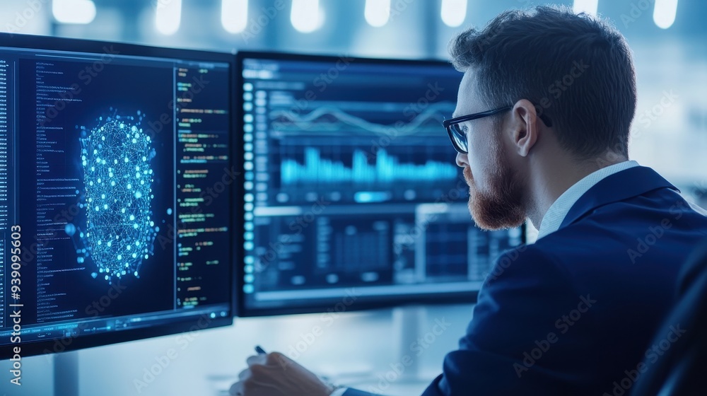 Poster Professional analyzing data on multiple monitors in a high-tech office environment.