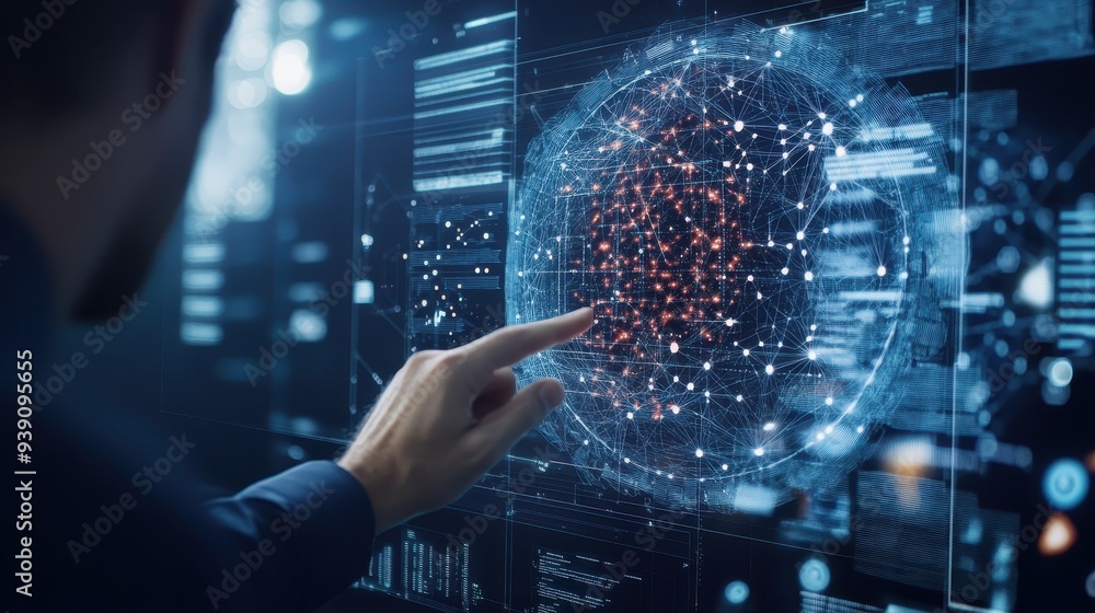 Poster Person interacting with a digital interface, visualizing data and network connections, symbolizing technology and innovation.