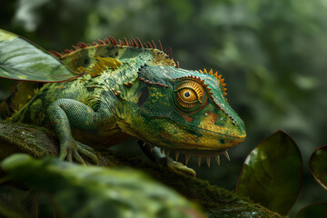 Fototapeta premium animal by ai // undiscovered new species, chameleon with green and yellow scales and large eyes, rainforest background, photorealistic