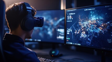 Person wearing VR headset immersed in a virtual world in front of multiple computer screens displaying data and futuristic graphics.