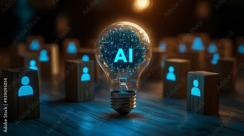 Poster the introduction of ai with the digital brain in a light bulb for ai against a person and innovation