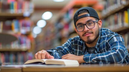 A Latino college student studying in the library