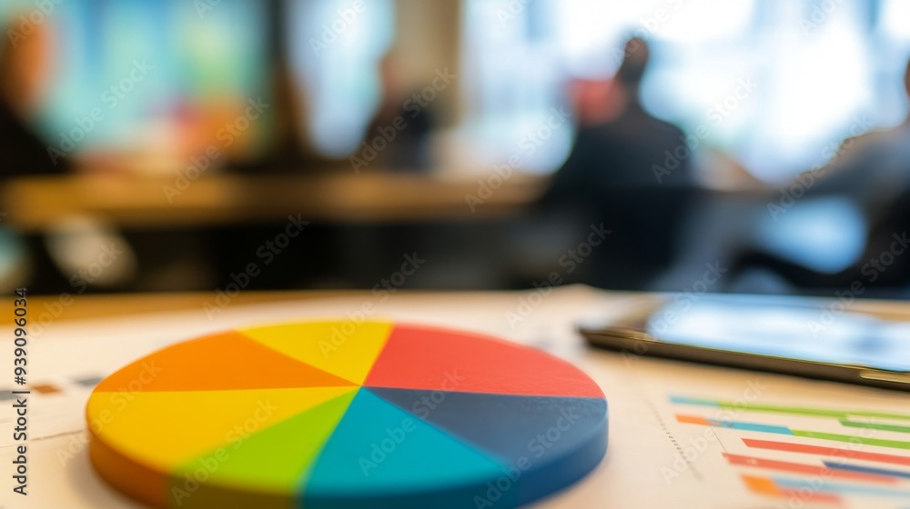 Aufkleber colorful pie chart in the foreground with blurred business meeting in the background