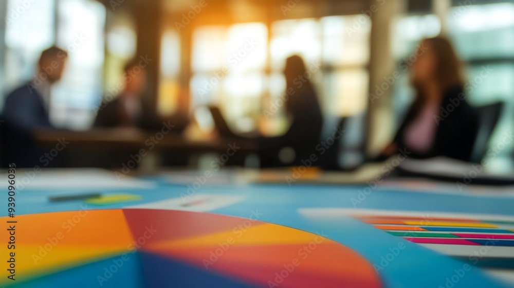 Poster Colorful pie chart in the foreground with blurred business meeting in the background