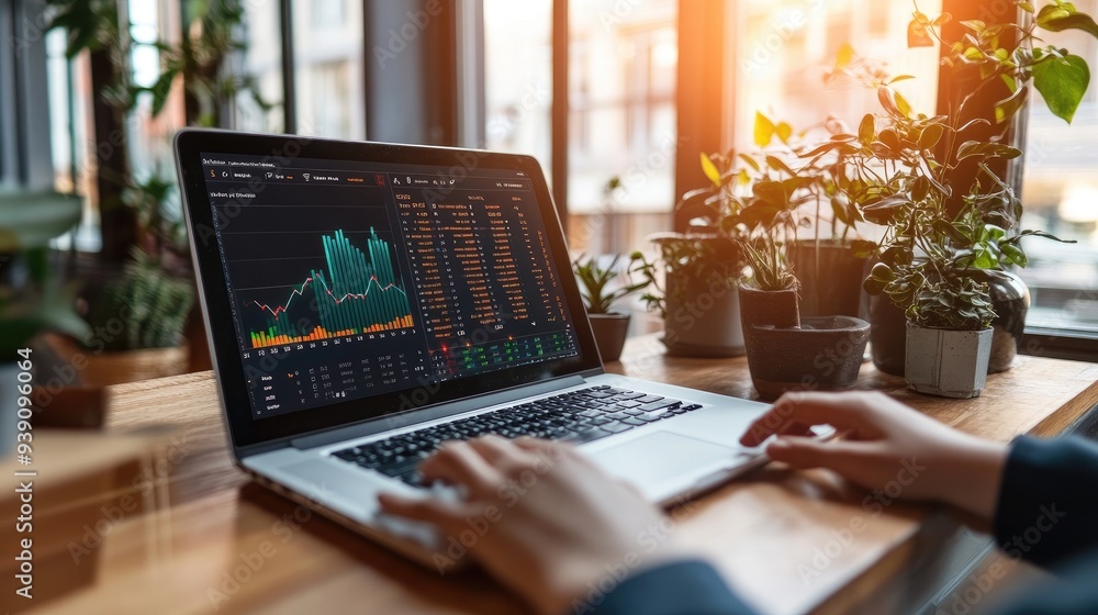 Poster marketer analyzing data on a laptop with digital graphs and charts, symbolizing digital marketing st