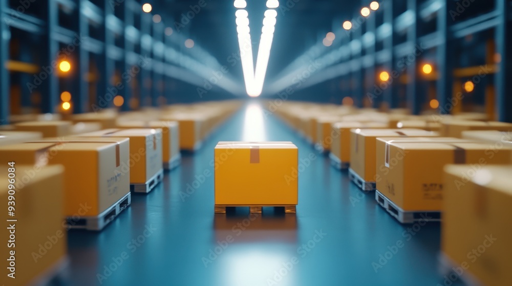 Poster modern warehouse with automated robots moving boxes, showcasing high-efficiency logistics and advanc