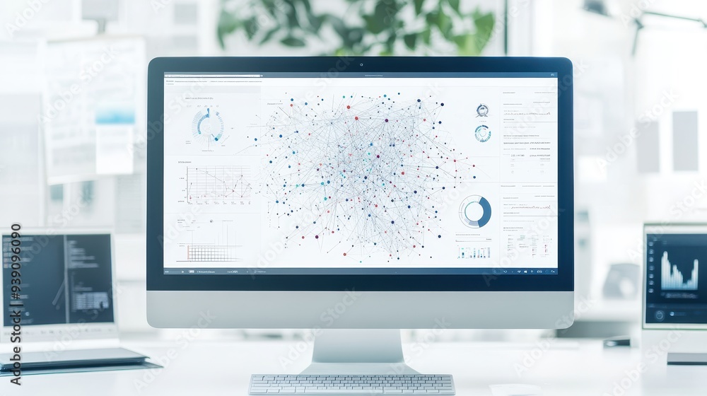 Aufkleber Modern computer screen displaying data visualization and analytics in a bright office environment, showcasing technology and business insights.