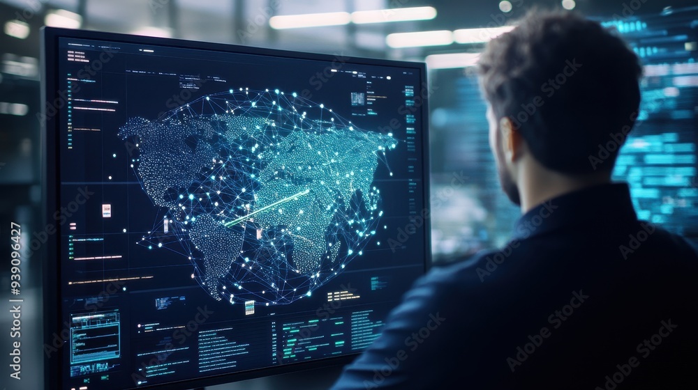 Poster man analyzing global data network on large screen in futuristic office, highlighting international c