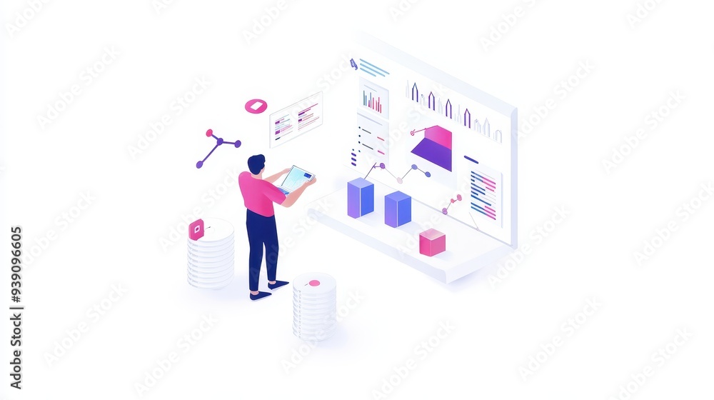 Aufkleber isometric illustration of a person analyzing data on a futuristic digital interface, representing da
