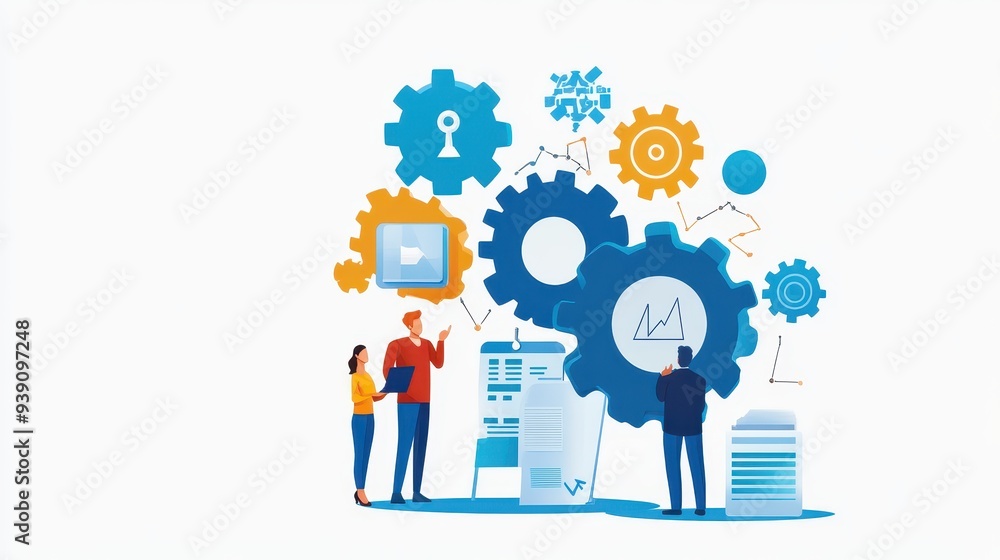Poster illustration of teamwork and collaboration with gears and icons representing business processes and 
