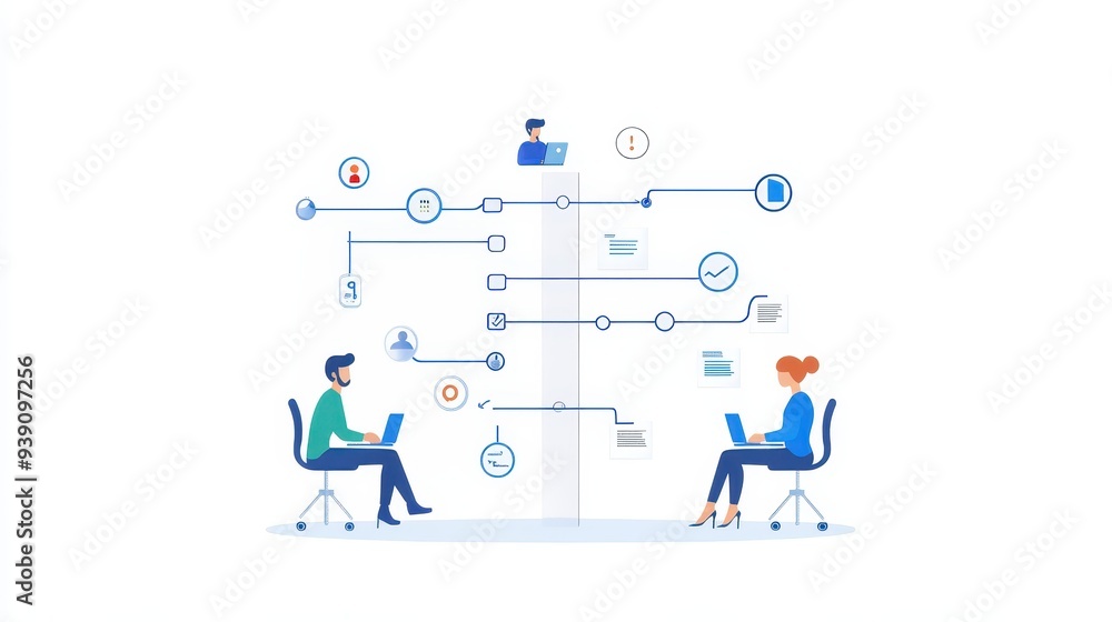 Fototapete Illustration of team collaboration and data workflow between two people working on laptops with interconnected icons and paths.