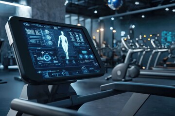 A close-up image of a futuristic gym screen displaying detailed digital analytics, offering advanced tracking and insights to enhance fitness routines and health monitoring.