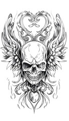 Obraz premium Tribal Skull and Winged Heart Tattoo black and white illustration