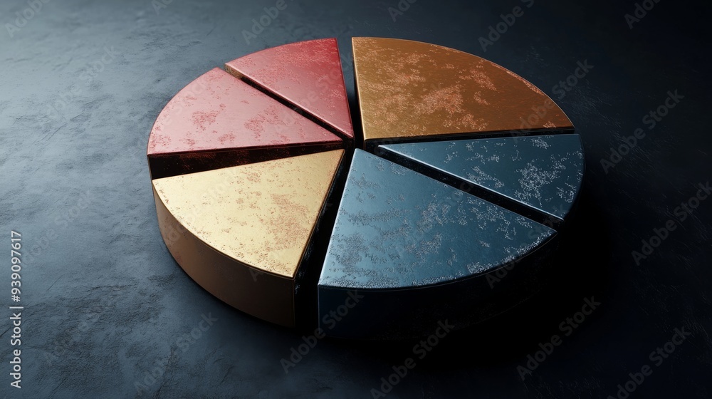 Leinwandbilder detailed 3d pie chart with metallic textures, each segment separated slightly, dark background