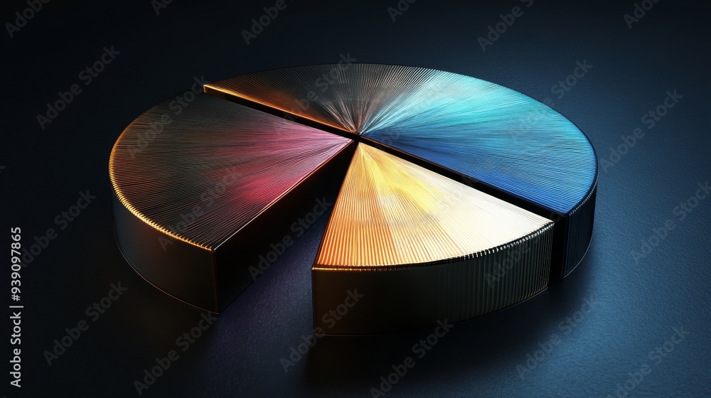 Fototapete detailed 3d pie chart with metallic textures, each segment separated slightly, dark background