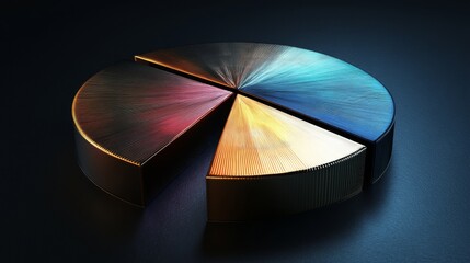 Detailed 3D pie chart with metallic textures, each segment separated slightly, dark background