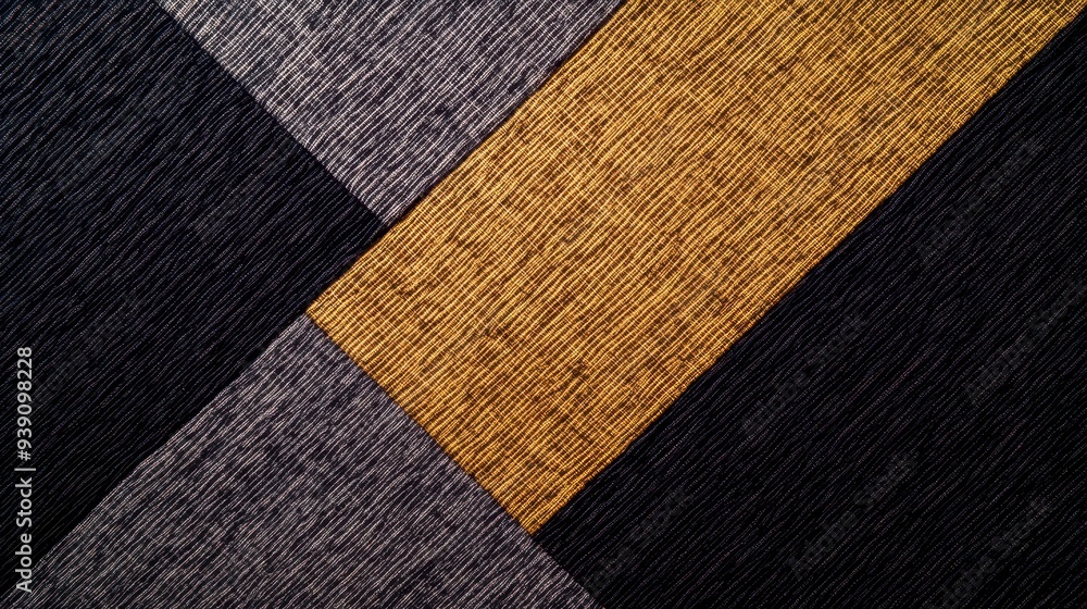 Poster high-angle view of textured fabric patches in gold, black, and gray. creative, modern, and abstract 