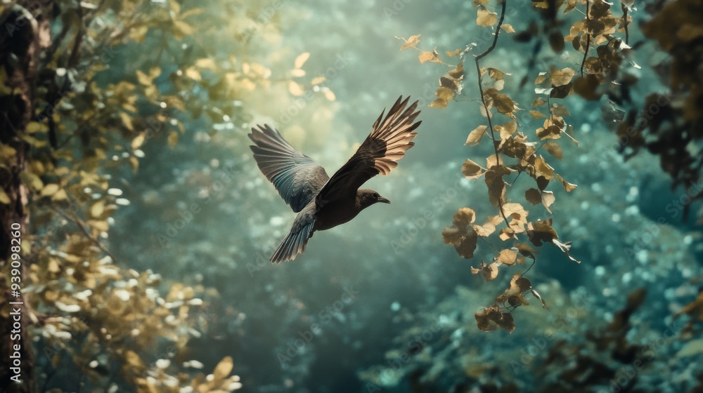 Poster detailed shot of a bird flying through a forest, with trees and leaves creating a natural backdrop