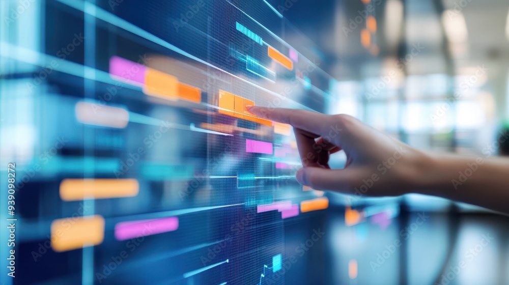 Poster hand interacts with glowing data charts on a futuristic digital touchscreen, showcasing data analysi