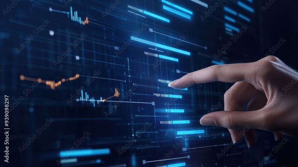 Fototapete hand pointing to data on futuristic digital screen with graphs and charts, representing technology, 