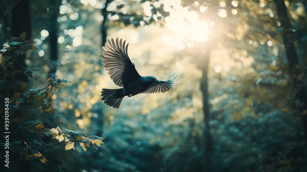 Poster detailed shot of a bird flying through a forest, with trees and leaves creating a natural backdrop