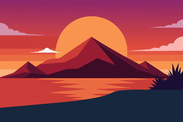 Serene mountain and beach sunset on white background silhouette vector illustration