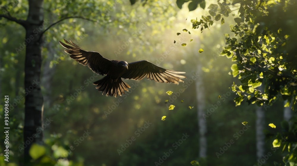Poster detailed shot of a bird flying through a forest, with trees and leaves creating a natural backdrop