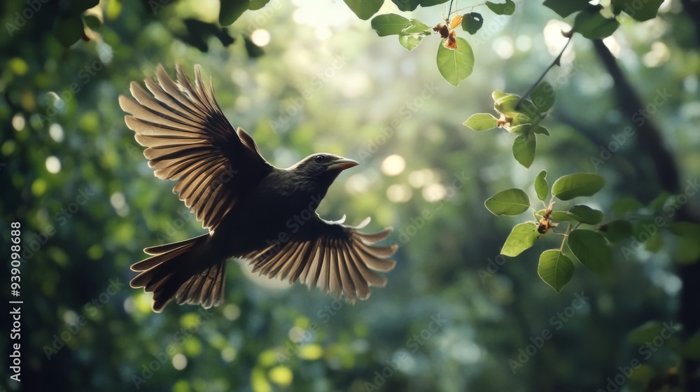 Poster detailed shot of a bird flying through a forest, with trees and leaves creating a natural backdrop