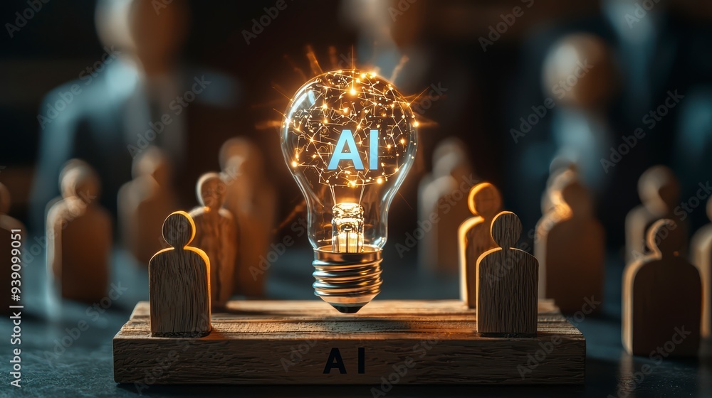 Poster the introduction of ai with the digital brain in a light bulb for ai against a person and innovation