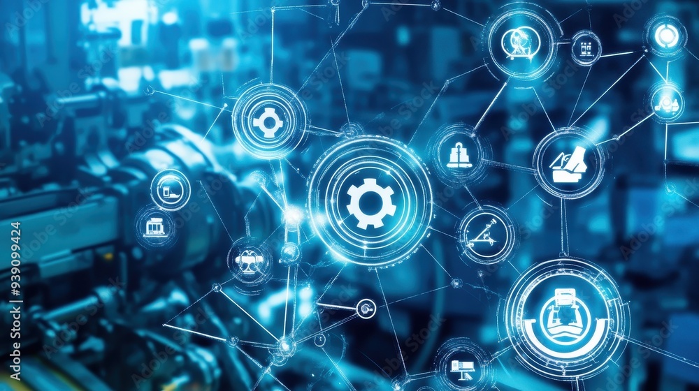 Poster futuristic industry 4.0 concept with smart technology icons and network connections representing adv
