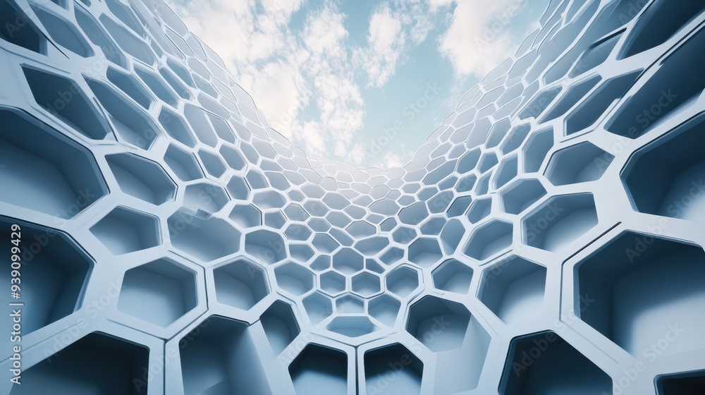 Aufkleber Futuristic honeycomb architecture with a sky view. Innovative design showcasing geometric patterns in a modern structure.