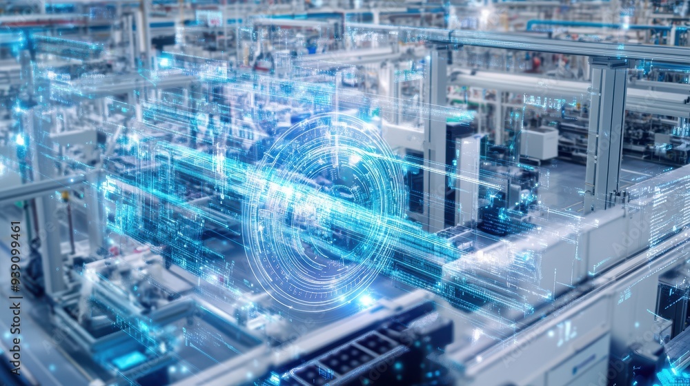 Poster Futuristic industrial automation technology concept with advanced machinery and robotic systems in a high-tech factory setting.