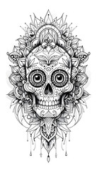 Tribal Sugar Skull Tattoo black and white illustration