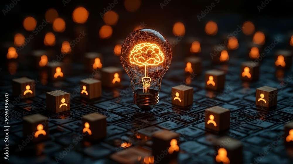 Poster the introduction of ai with the digital brain in a light bulb for ai against a person and innovation