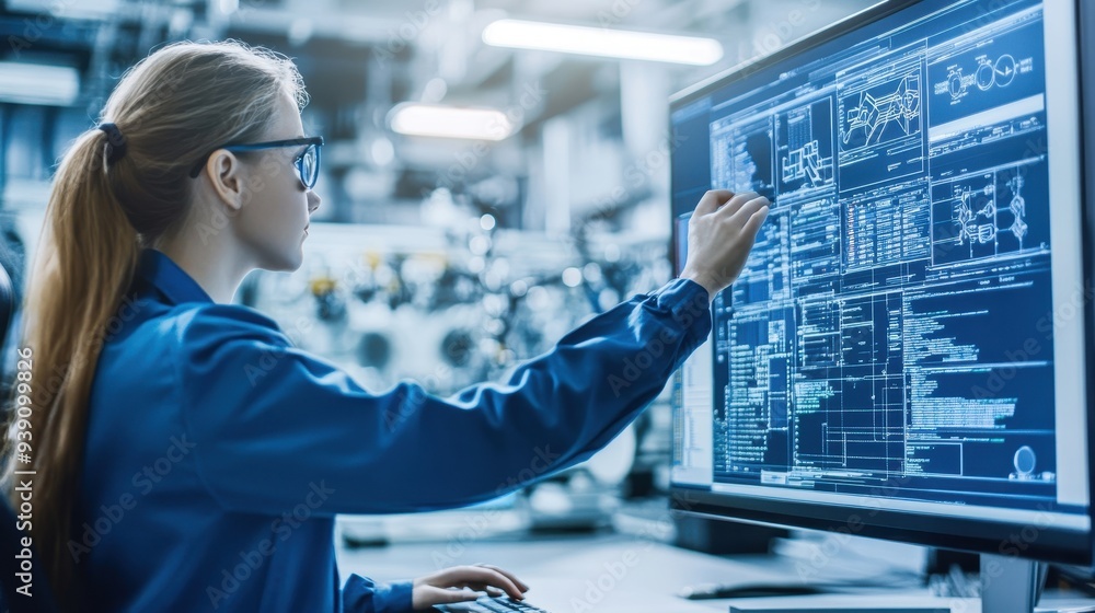 Poster engineer analyzing data on a large computer screen in a modern industrial setting, showcasing advanc