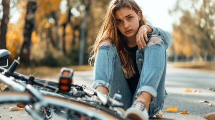 Naklejka premium Beautiful young woman sitting in pain on the ground after a bicycle accident, with space for text