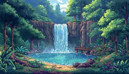 landscape in pixel art style, featuring a majestic waterfall cascading down into a clear
